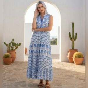 NWT Calypso St. Barth Summer Beachy,  Maxi Dress Blue White Floral XL 🌴☀️